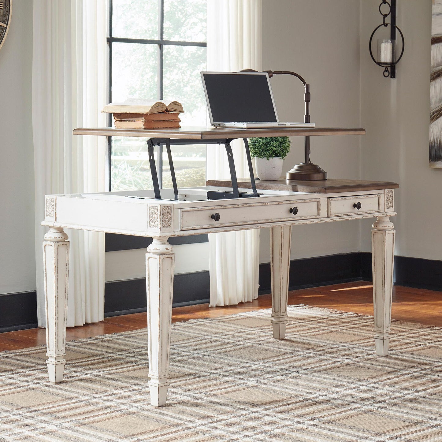 Signature Design by Ashley Realyn Home Office Lift Top Desk, USB Charging, Spring Lift Top, Smooth-gliding Drawer, 60" W x 28" D x 31" H, Chipped White and Brown
