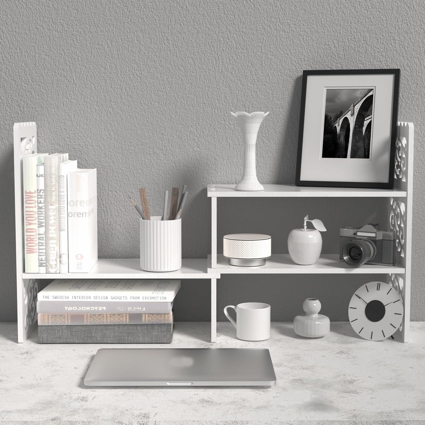 MASAKA B&W - Kawaii Storage Desktop Organizer for Your Desk Space, Double H Plants Display Shelf, Home Office Storage Rack Adjustable Stackable for Office, Dormitory (White*09)