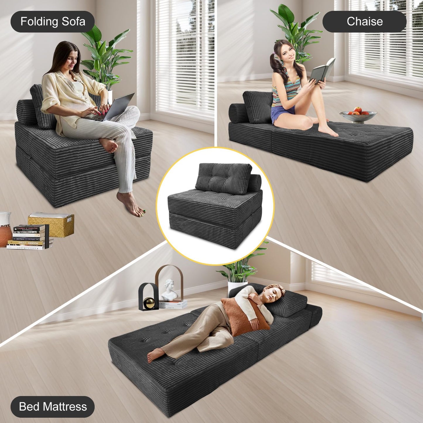 HonTop Folding Sofa Bed, Convertible Couch Chair with Pillow, Boneless Velvet Foldable Sleeper Sofa with Back Support, Portable Fold Out Lounger for Living Room, Apartment & Dorm, Dark Grey Corduroy