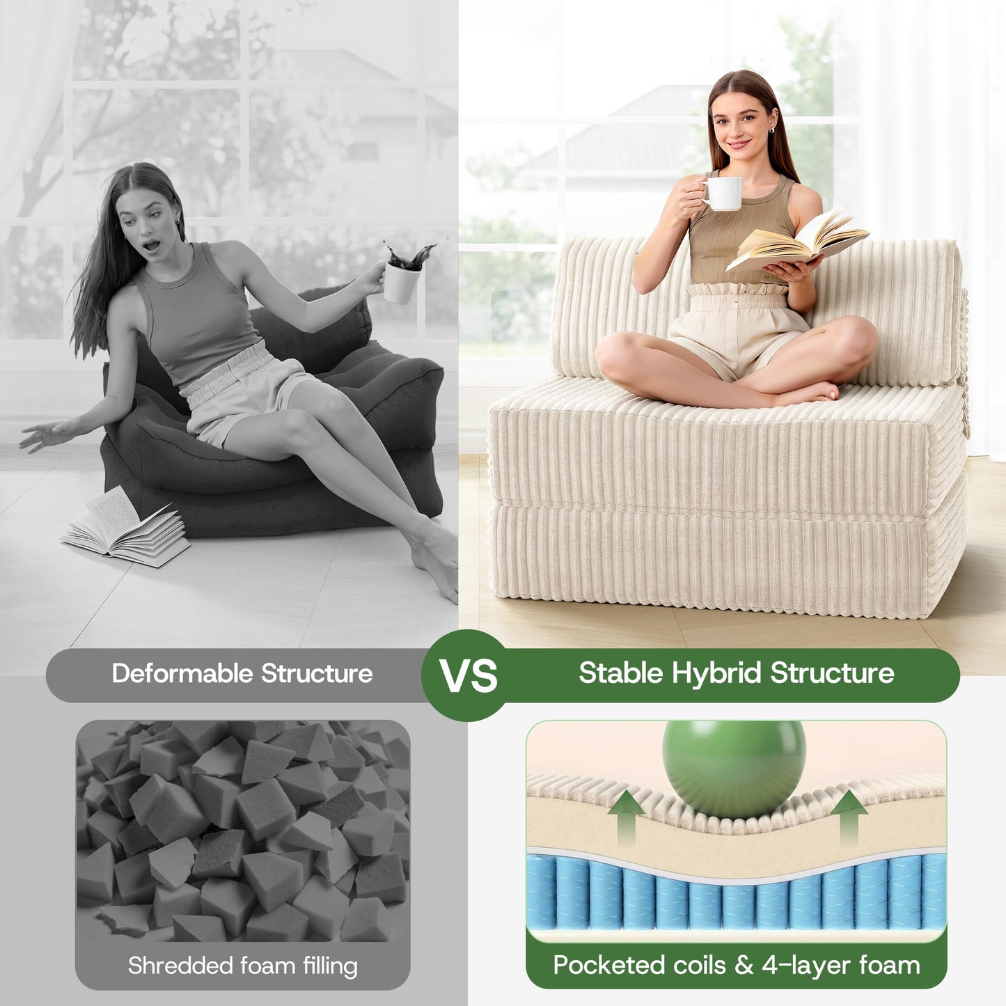 MEGAYES Convertible 4-in-1 Folding Sofa Bed Boneless Sleeper Chair Couch Foldable Chaise Lounger & Mattress Pocket Coils+Foam Fill Medium Support, No Assembly for Living Room/Bedroom, Twin Beige