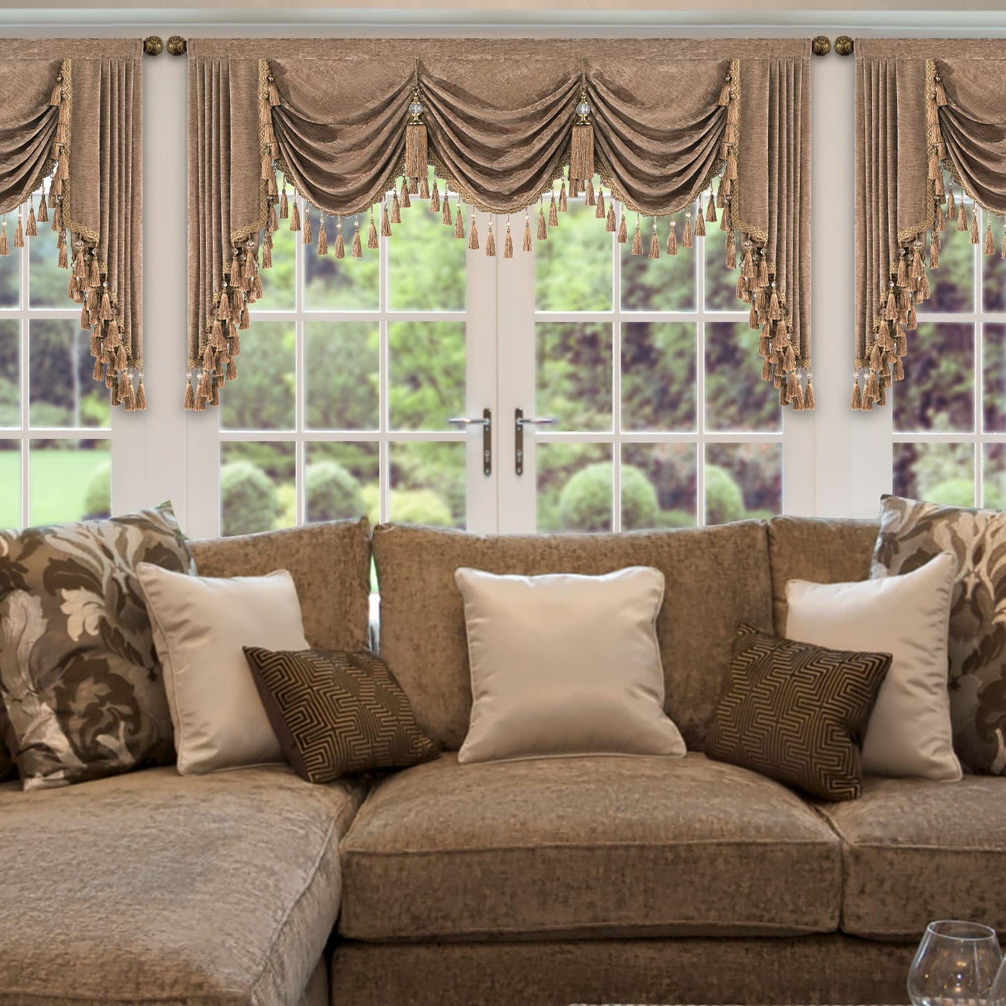 Loom and Mill Thick Chenille Waterfall Valance for Living Room, Luxury Swag Valances with Multi-Tassels & Pendants, Coffee Swag Curtains for Bedroom Kitchen Dining Room Window Decor(W79Inch,1 Panel)