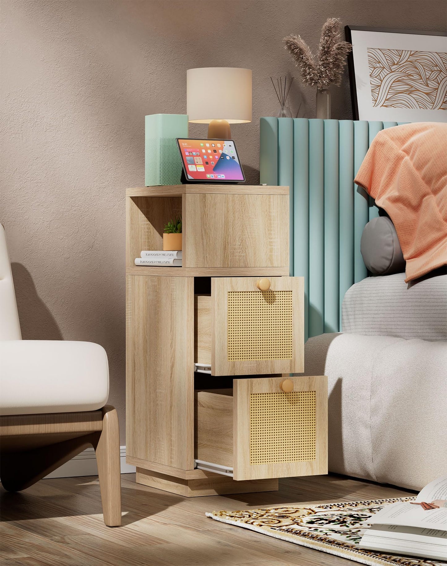 YMYNY Rattan Nightstands Set of 2, Boho Bedside Table with Open Shelf, 2 Drawers, 9.45" x 11.42" x 25.59", Narrow Side Table, Bedside Cabinet for Bedroom and Small Spaces, Natural UHST017N-2