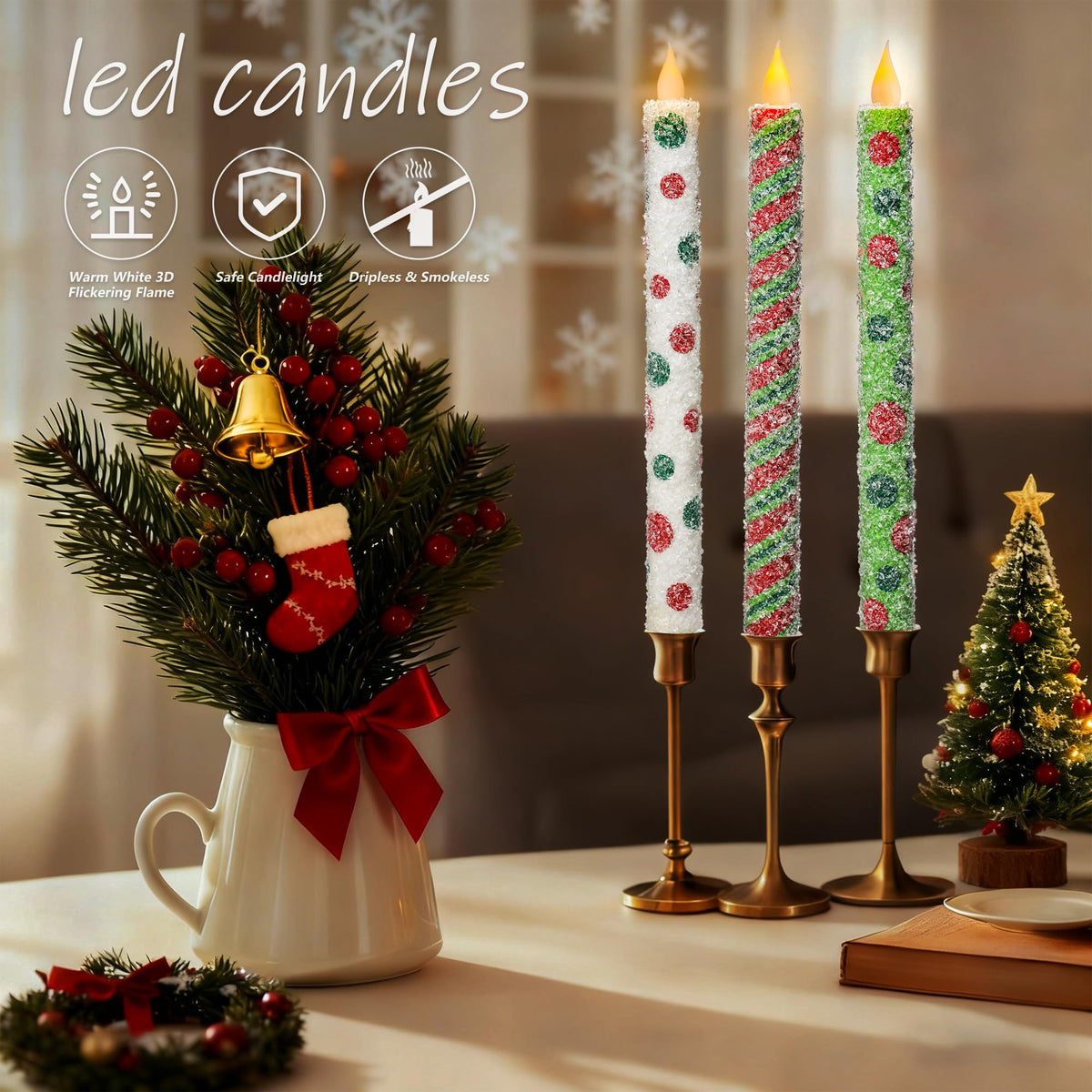 Christmas Elf Flameless Taper Candles - 6PCS Glitter Christmas Green Elf Theme Flickering LED Battery Operated Sea Salt Candles with Remote, Real Wax Party Decoration Candlesticks, Xmas Table Decor