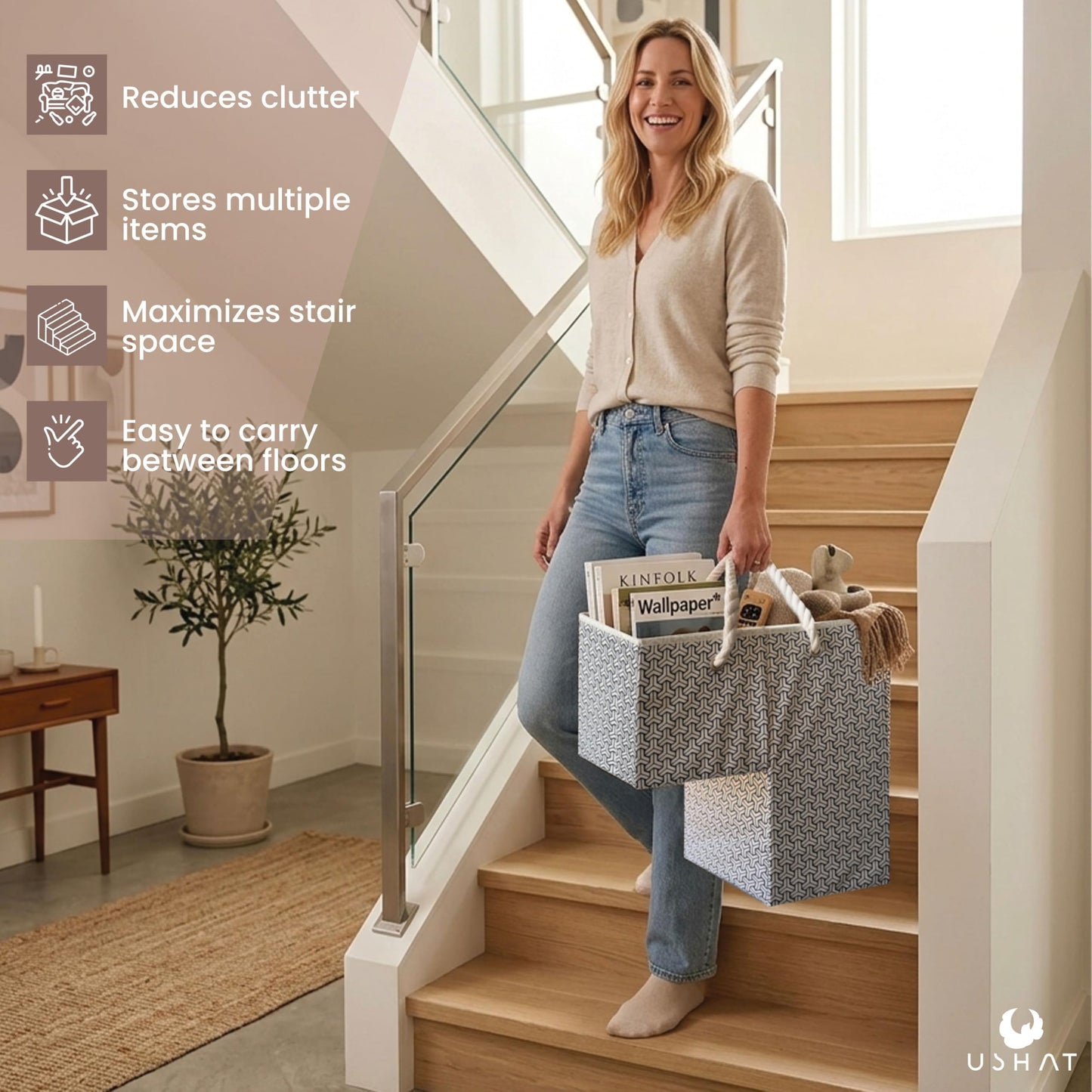 Stair Basket with Modern Geometric Pattern - Foldable Stair Baskets for Carpeted Stairs - Stairway Organizer with Cotton Handle and Pockets for Organizing and Decluttering Your Home