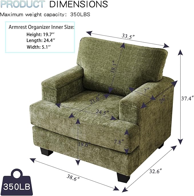 Oversized Accent Chair with Armrest Organizer, Comfy Living Room Chairs with
