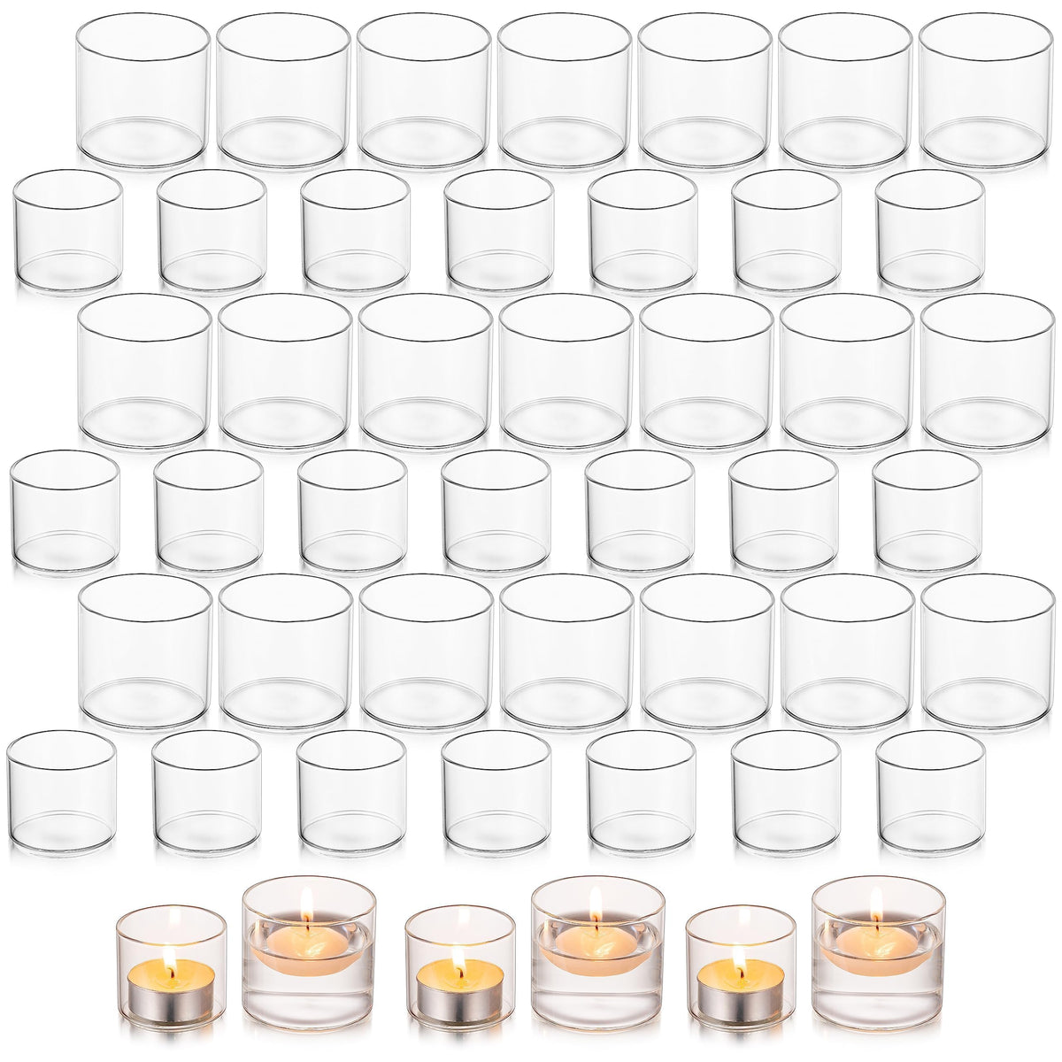 Glasseam Clear Votive Candle Holders Bulk - Set of 48 Small Tealight Holders for Floating Candles, Wedding Centerpieces and Table Decoration