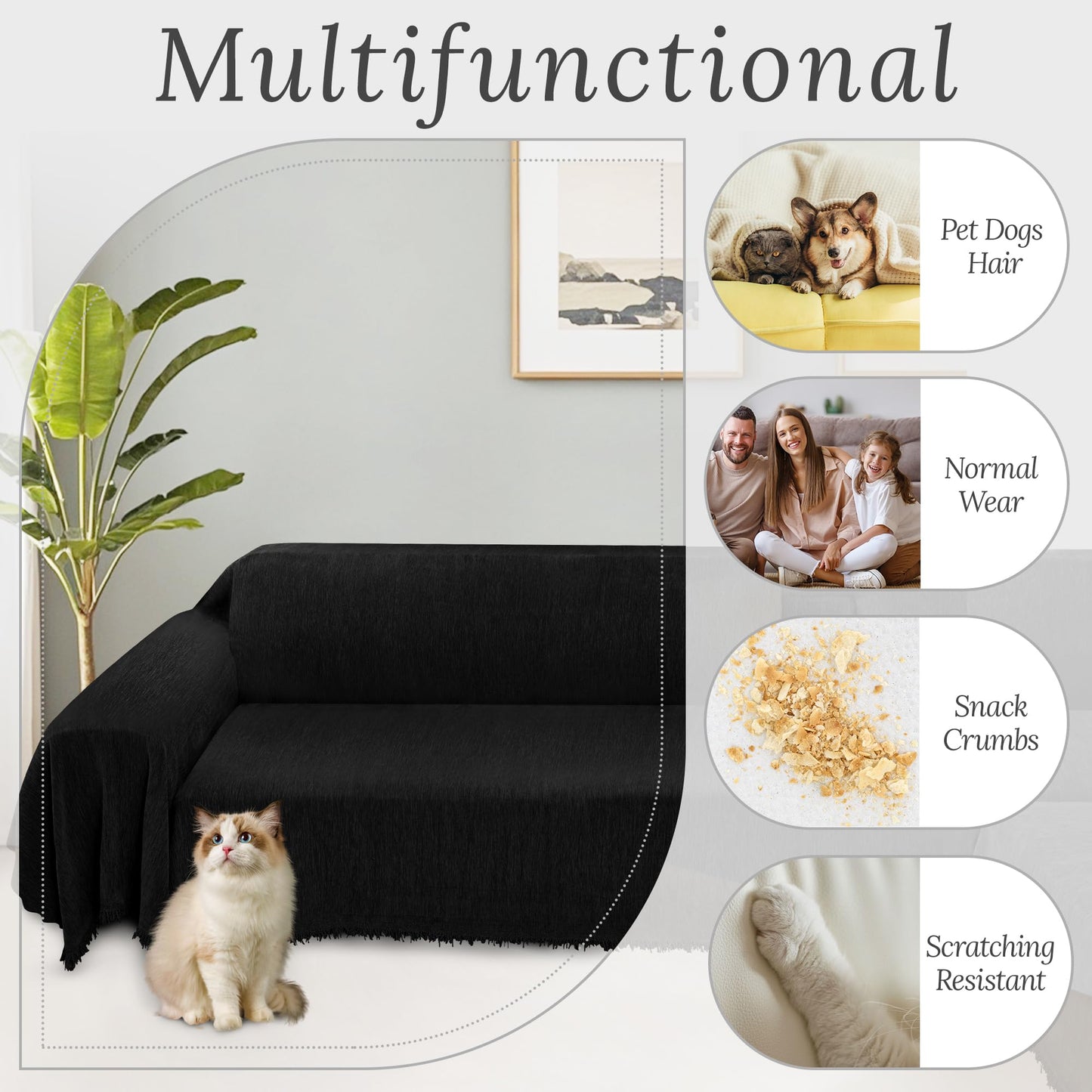 HDCAXKJ Corner Sectional Couch Covers for Dogs L Shape Sofa Cover with Tassel Chenille Soft Non Slip U Shaped Couch Cover Blanket Washable Sectional Slipcover Protector (Charcoal Black, 91x276 inch)