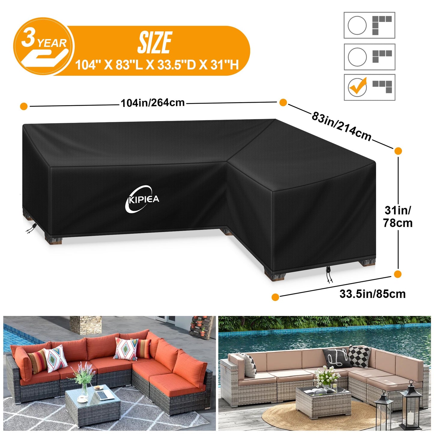 Kipiea Patio L-Shaped Sectional Sofa Cover, 420D Heavy-Duty Oxford Fabric Outdoor Sectional Cover with 6 Windproof Buckles, No Tears Anti UV No Fading (Right Facing, 104" x 83" L x 33.5" D x 31" H)