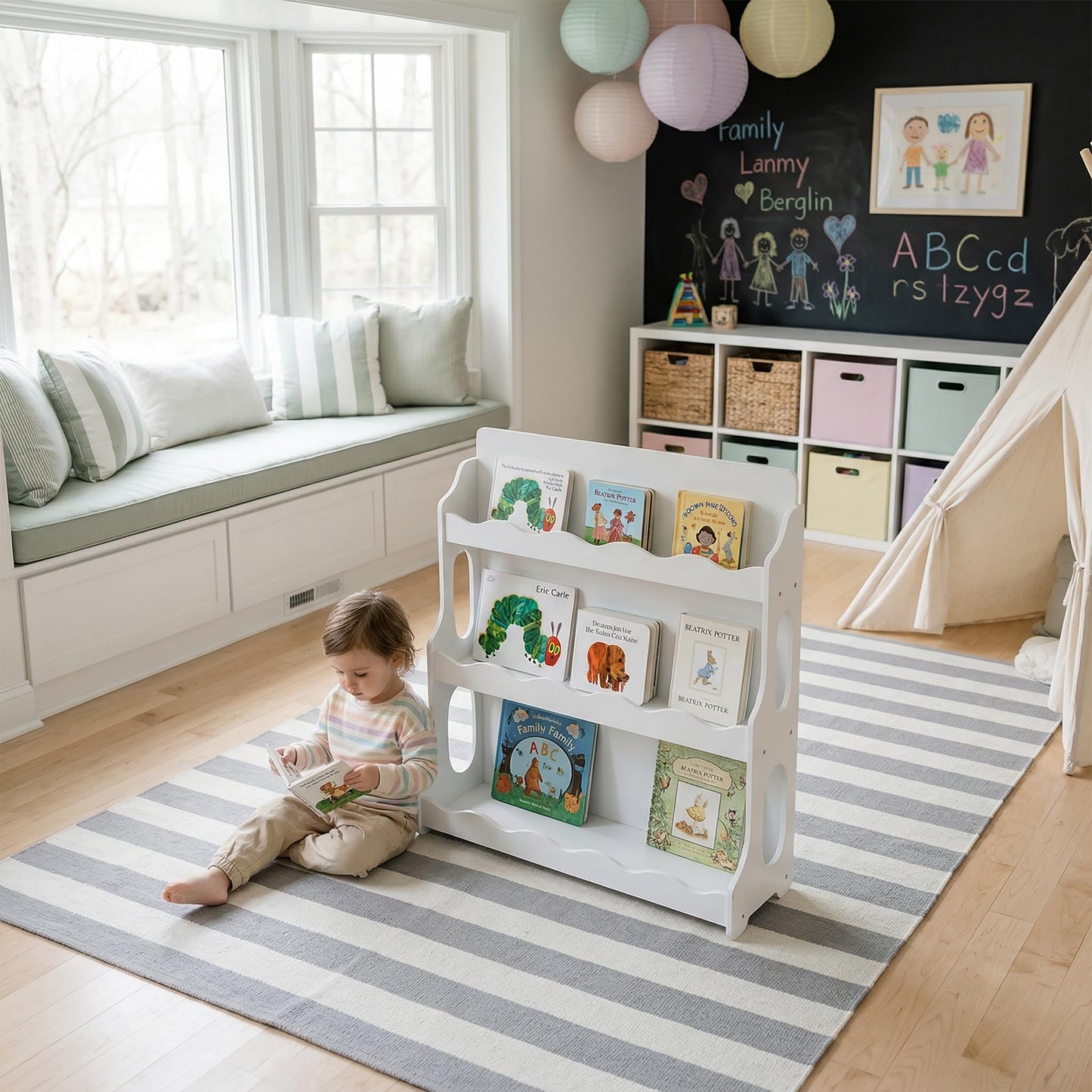 AMMEHOELA Wood Kids Bookshelf Montessori DutchDesign,SnowfallWhite