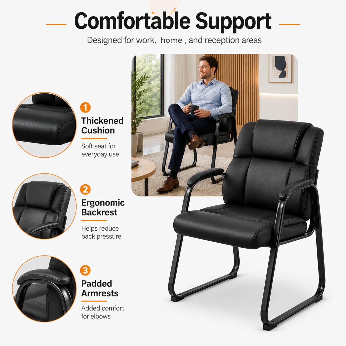 Simple Deluxe Leather Guest Chairs with Padded Arms & Sled Base - Set of 2 Stationary No Wheel Waiting Room Chair for Conference Reception Rooms, Lobby, Home Office Computer Desk, Bedroom, Black