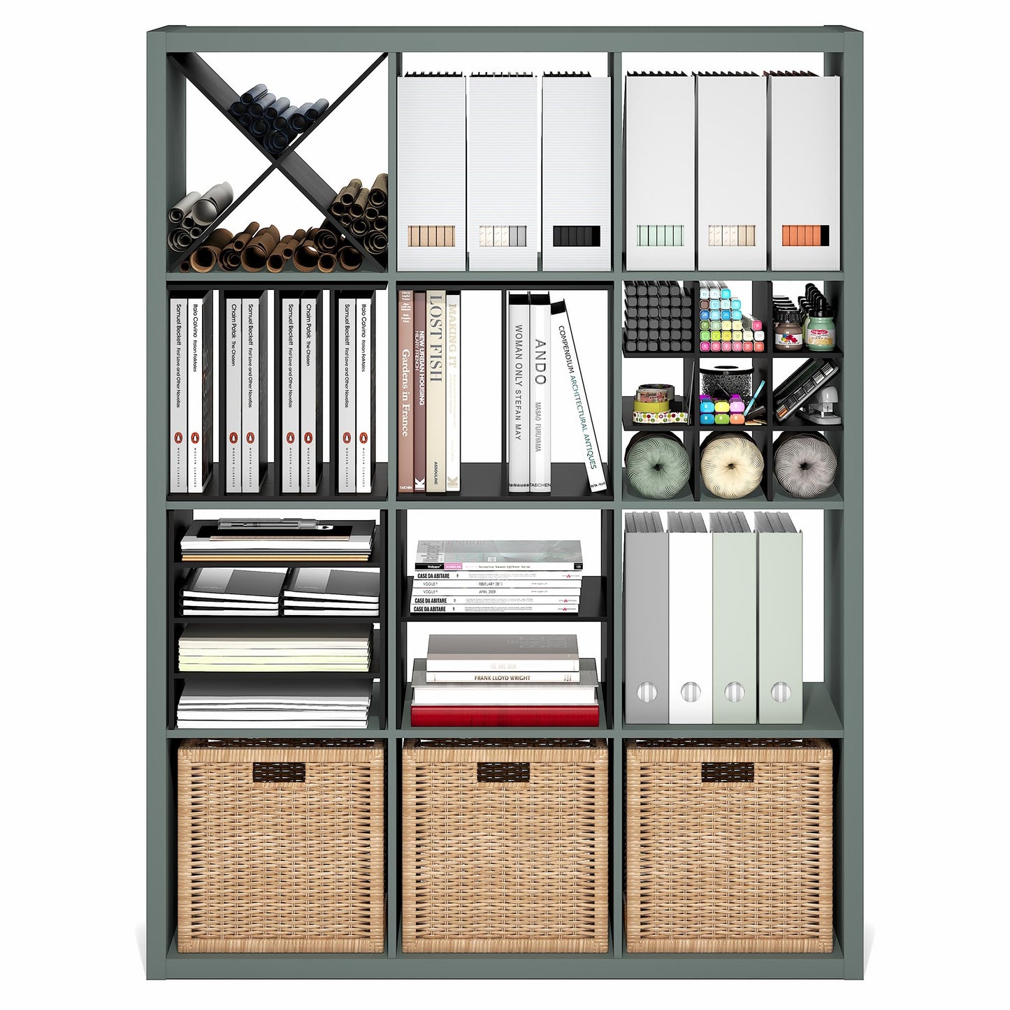Furinno Cubicle Book Shelf, 12-Cube Bookshelf, Extra Thick Frame Reversible Bookcase with Open Back, 14.6" x 44" x 58", for Living Room, Bedroom, Home Office, Sage Green