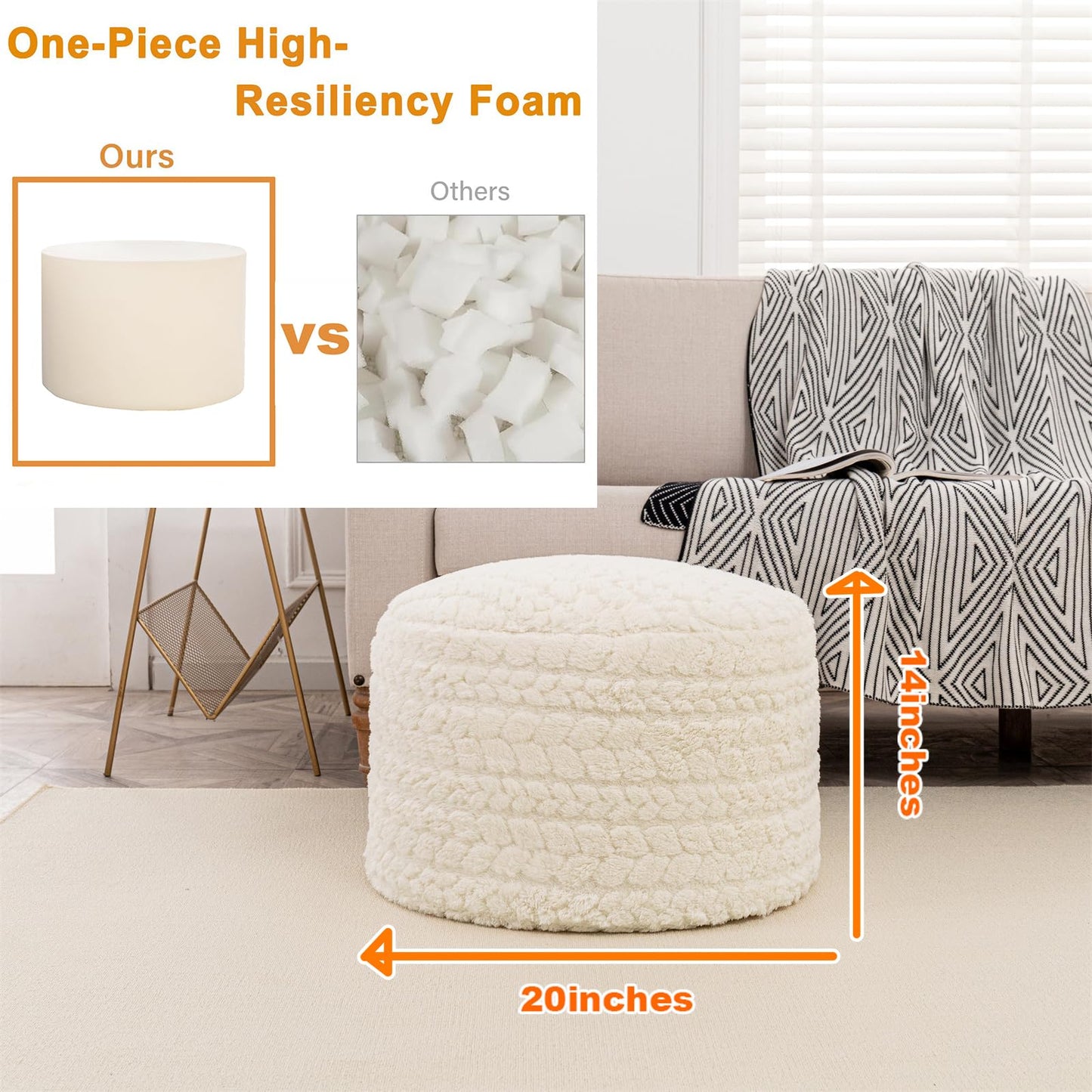 Round Pouf Ottoman 20 x 20 x 14 Inches Boho Poof Home Decor Floor Pouffe Ottoman Foot Rest for Couch Sofa Bean Bag Chairs Living Room Bedroom (Cream)