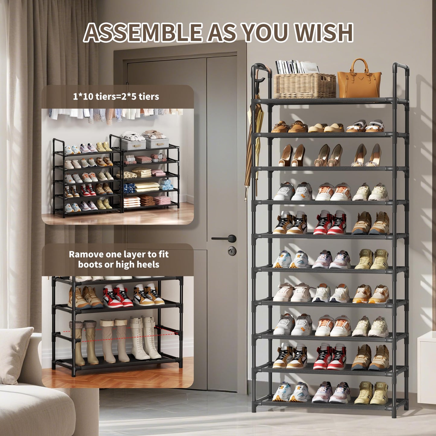 SRRSO Shoe Rack, 10 Tier Shoe Storage Organizer Fit 30-35 Pairs Shoes,Metal Tall Shoe Shelf for Closet,Entryway,Garage,Bedroom,Cloakroom