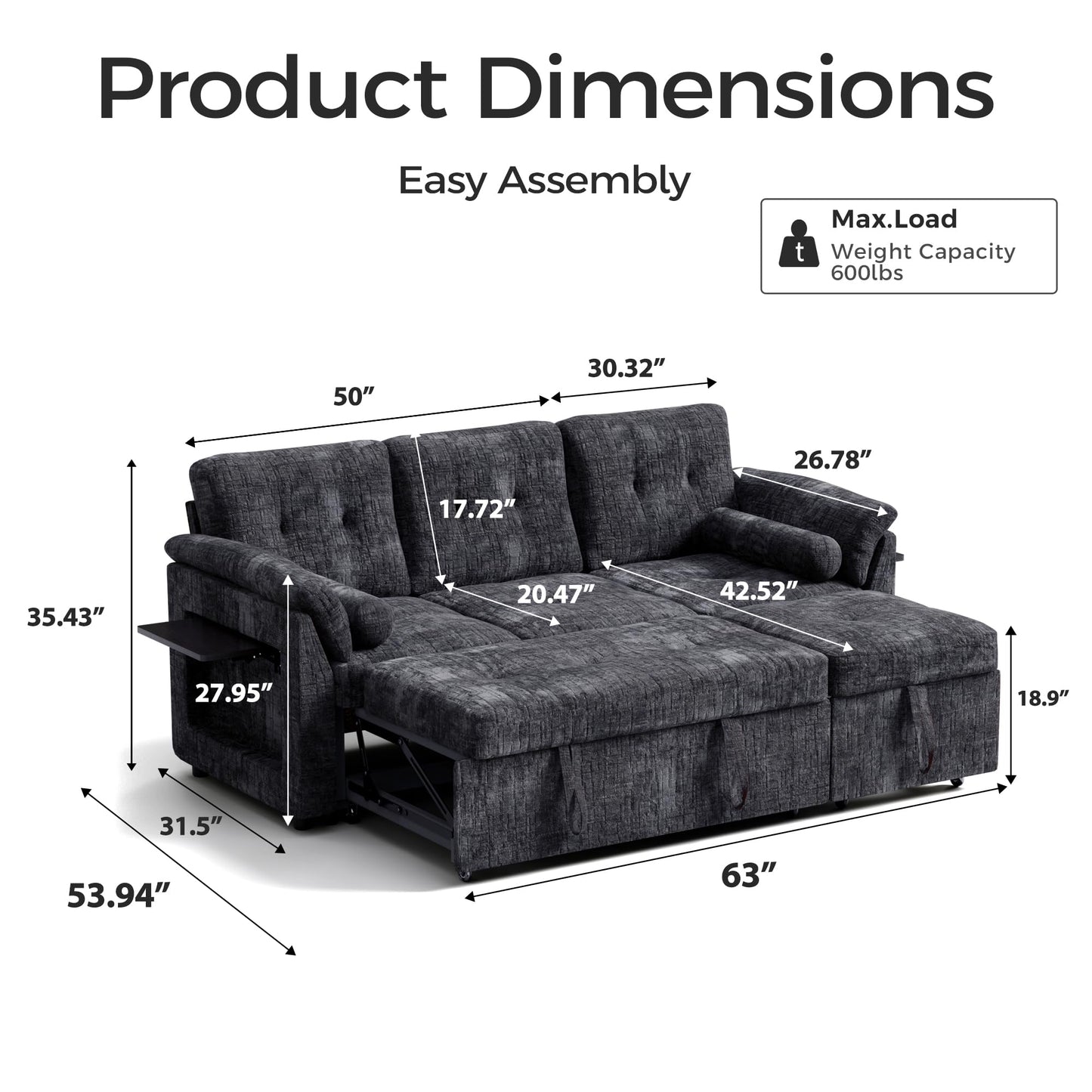Trygoal Convertible Sleeper Sofa Bed, 63 Inch Chenille Pull Out Couch with Side Table & Adjustable Backrest, Sectional Sleeper Sofa with Pull Out Bed for Living Room, Apartment, Black