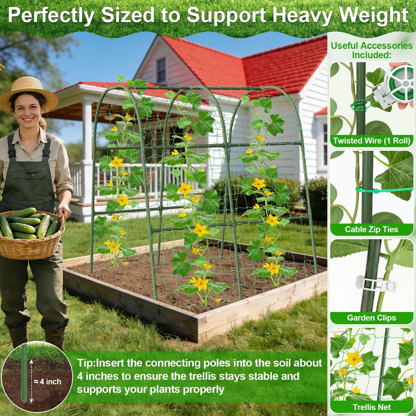 Cludoo Cucumber Trellis for Raised Bed Garden, U-Shape Arch Trellis for Climbing Plants Outdoor, Metal Vegetables Trellis with Netting, Garden Trellis for Cucumber Plants Sweet Pea Bean Grape