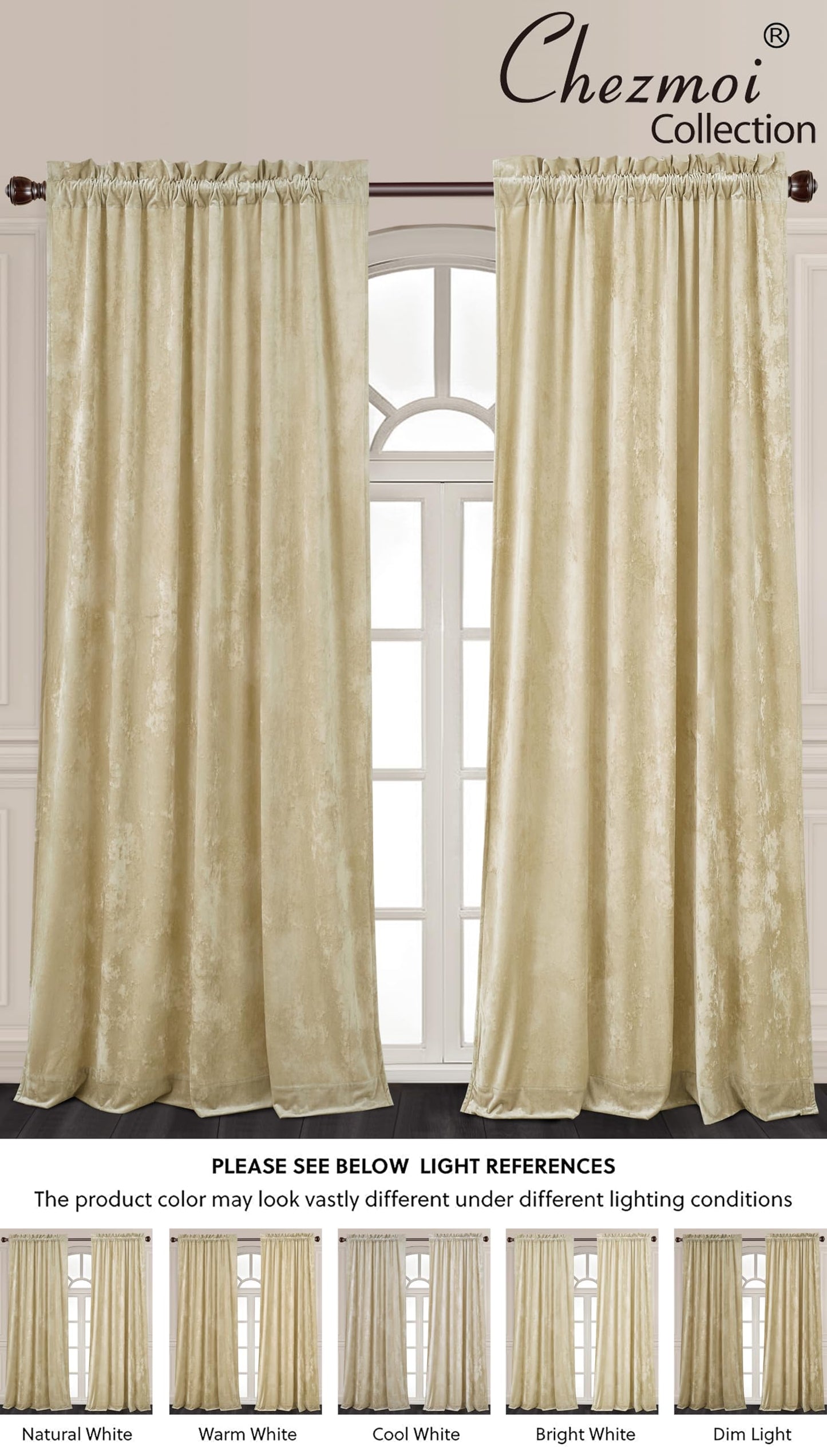 Chezmoi Collection Lux Beige Crushed Velvet Curtains 2 Panel Set - 72 inches Long Room Darkening Luxury Distressed Velvet Rod Pocket Window Drapes for Living Room Bedroom 50" W x 72" L