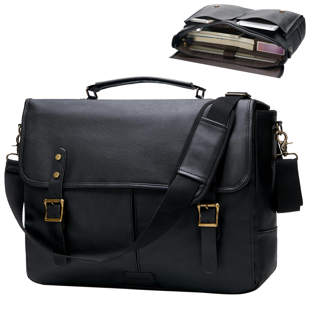 Leather Messenger Bag for Men, 15.6in Laptop Briefcase Vintage Waterproof Laptop Bag Shoulder Bags Satchel Office Bag(Black)