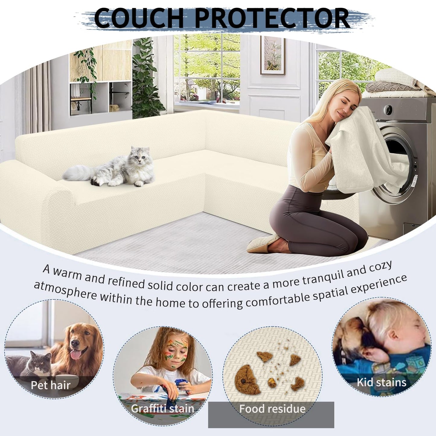 ALIECOM Stretch Corner Sectional Couch Covers L Shape Sofa Covers Washable Sectional Slipcovers U Shape Jacquard Living Room Pet Dogs Furniture Protector with Elastic Bottom (Ivory, Large)