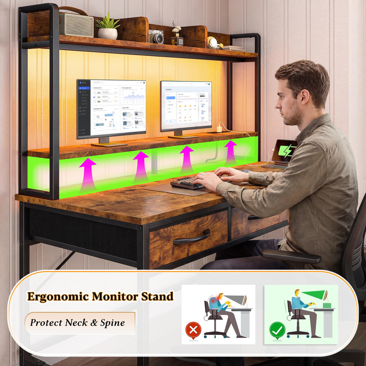 39.4"Office Desk with 2Drawers&Hutch,Computer Desk with Storage Rack&Monitor Stand,Gaming desk with LED&Power Outlet,Modern Study Writing Desk for Bedroom Home Office,Small Space,Rustic Brown