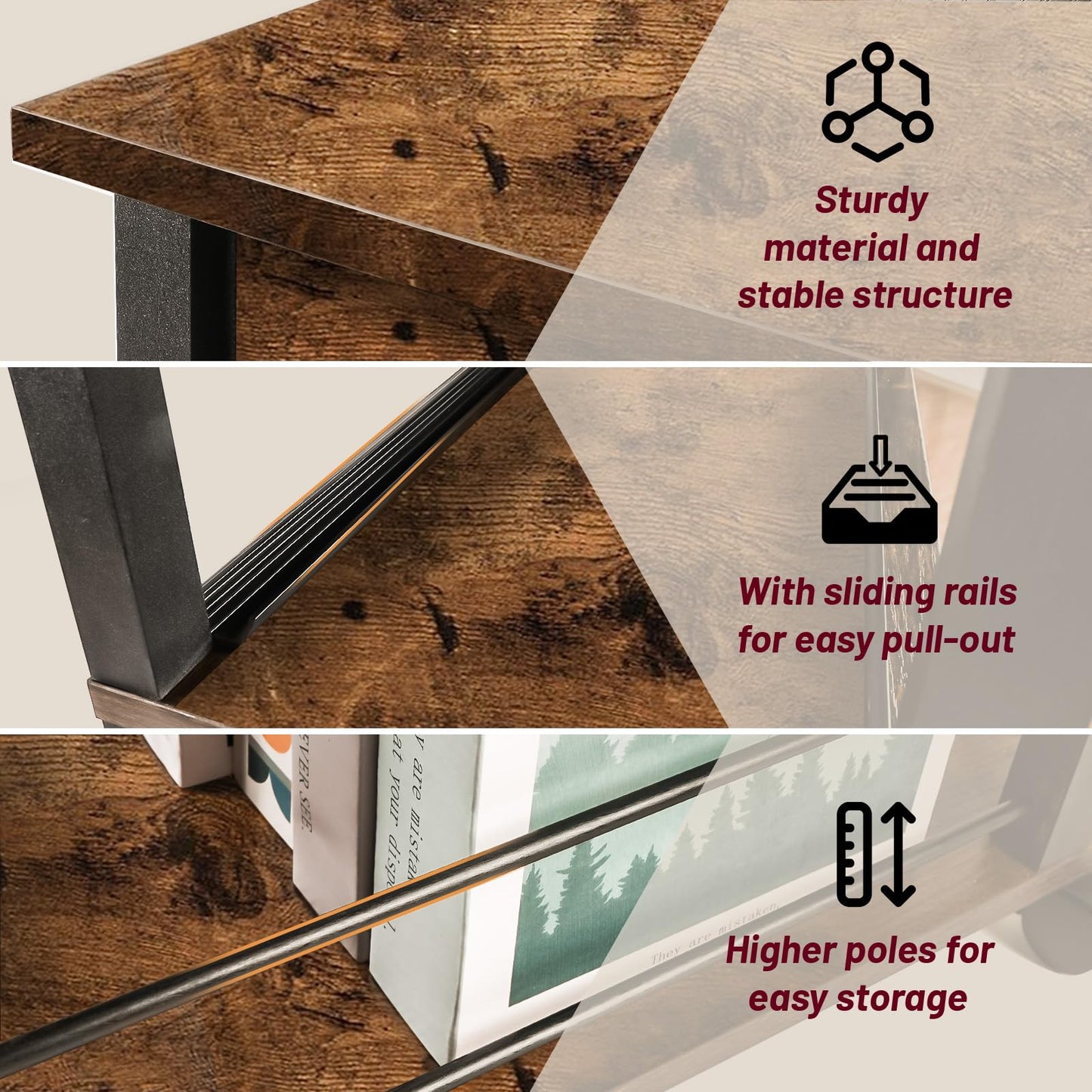 DGSANDGO Sofa Side Table Narrow End Table (1PC) - Rustic Brown & Black Two-Tone, Side Table with Charging Station (1 AC + 2 USB) & Storage Drawer, 4 Wheels Mobile Nightstand for Bedroom Living Room