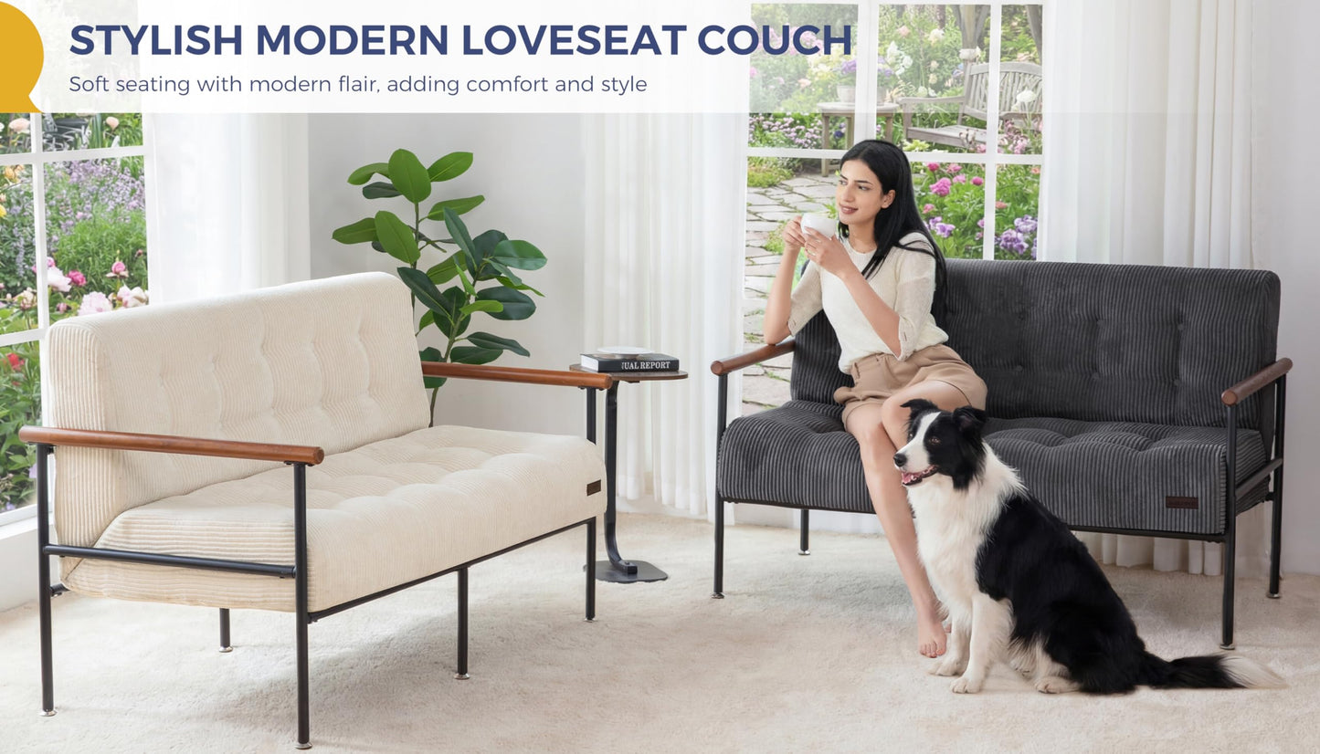 MAXYOYO Loveseat Sofa, Button Tufted Upholstered Small Couch for Living Room, Modern Love Seat Couches with Metal Frame & Wood Armrests for Bedroom Office, Easy to Install, Beige