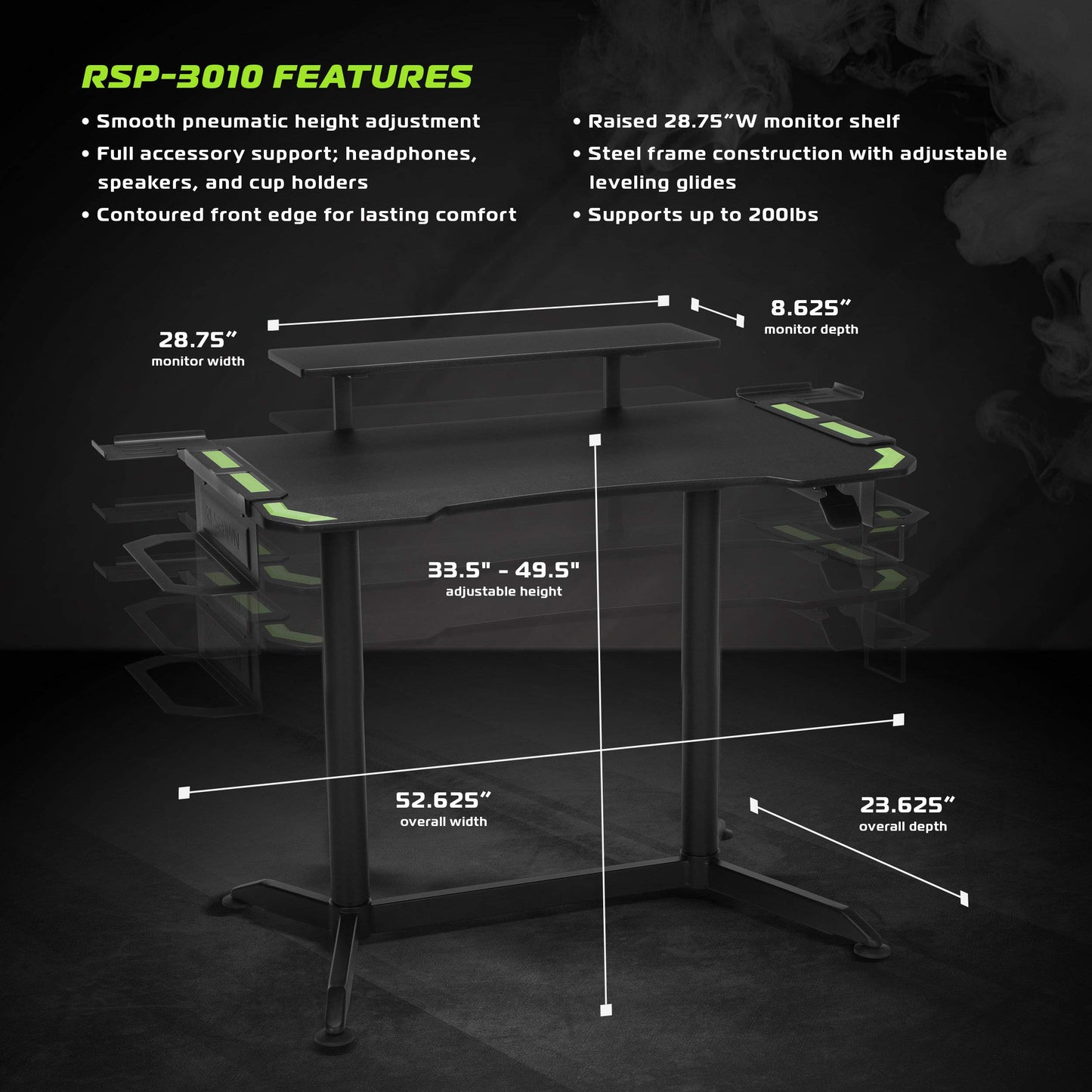 RESPAWN 3010 Gaming Computer Desk Ergonomic Height Adjustable Gaming Desk, in Green RSP 3010 GRN