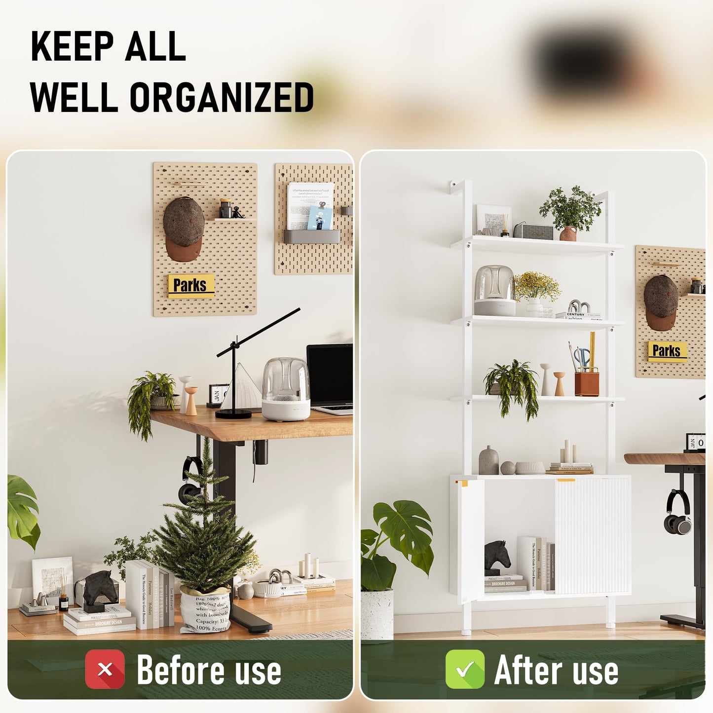 INNOD 74" Tall Bookshelf with Storage Cabinet, Modern Ladder Shelf with Wood and Metal Frame, Wall Mount Bookcase Open Display Shelf Furniture for Living Room, Bedroom, Home Office, White