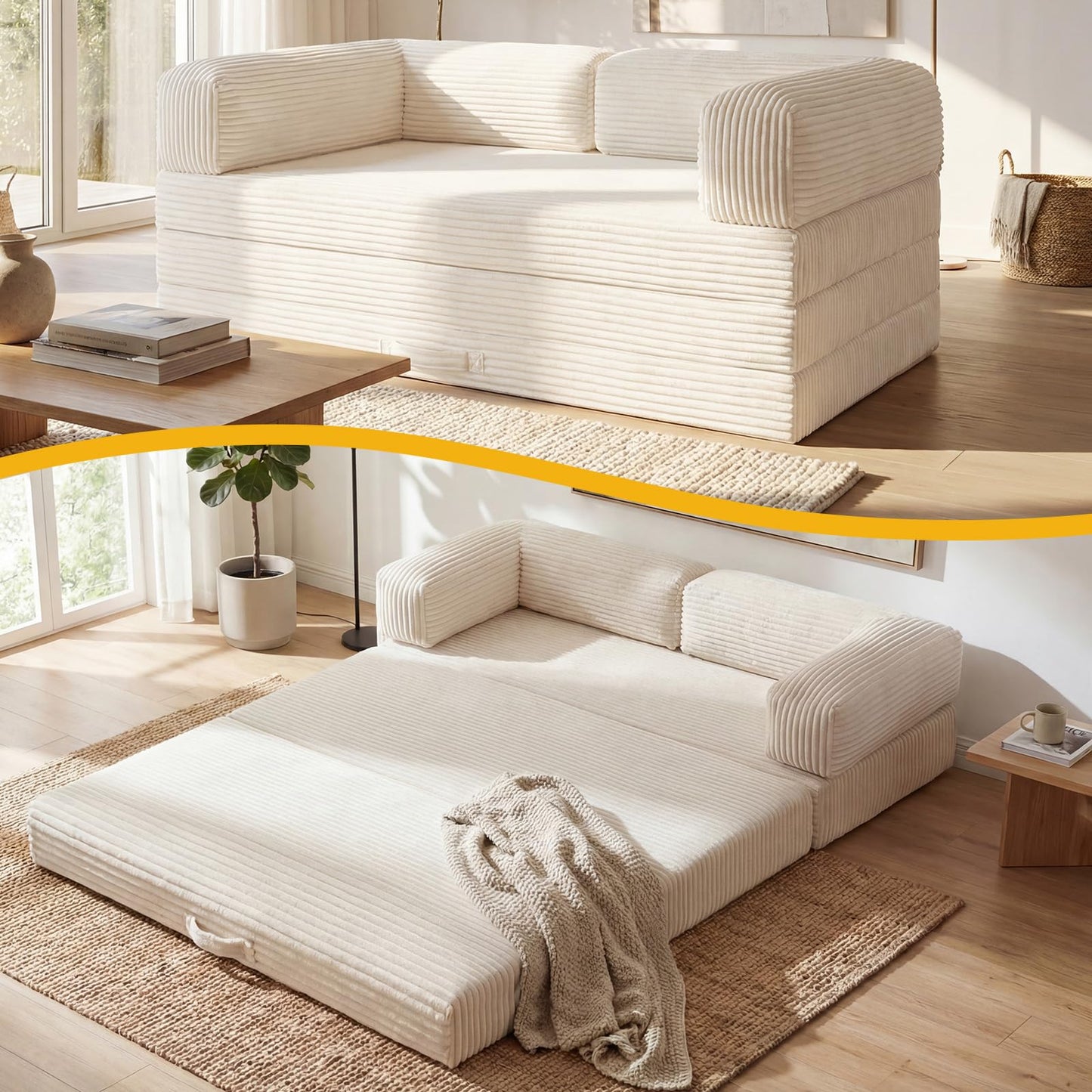 Erament Futon Sofa Bed Queen, Convertible Tri Folding Mattress Foldable with Removable Armrests & Washable Cover, 5-Inch Floor Mattress with High-Density Foam, Small Pull Out Couch Bed, Beige