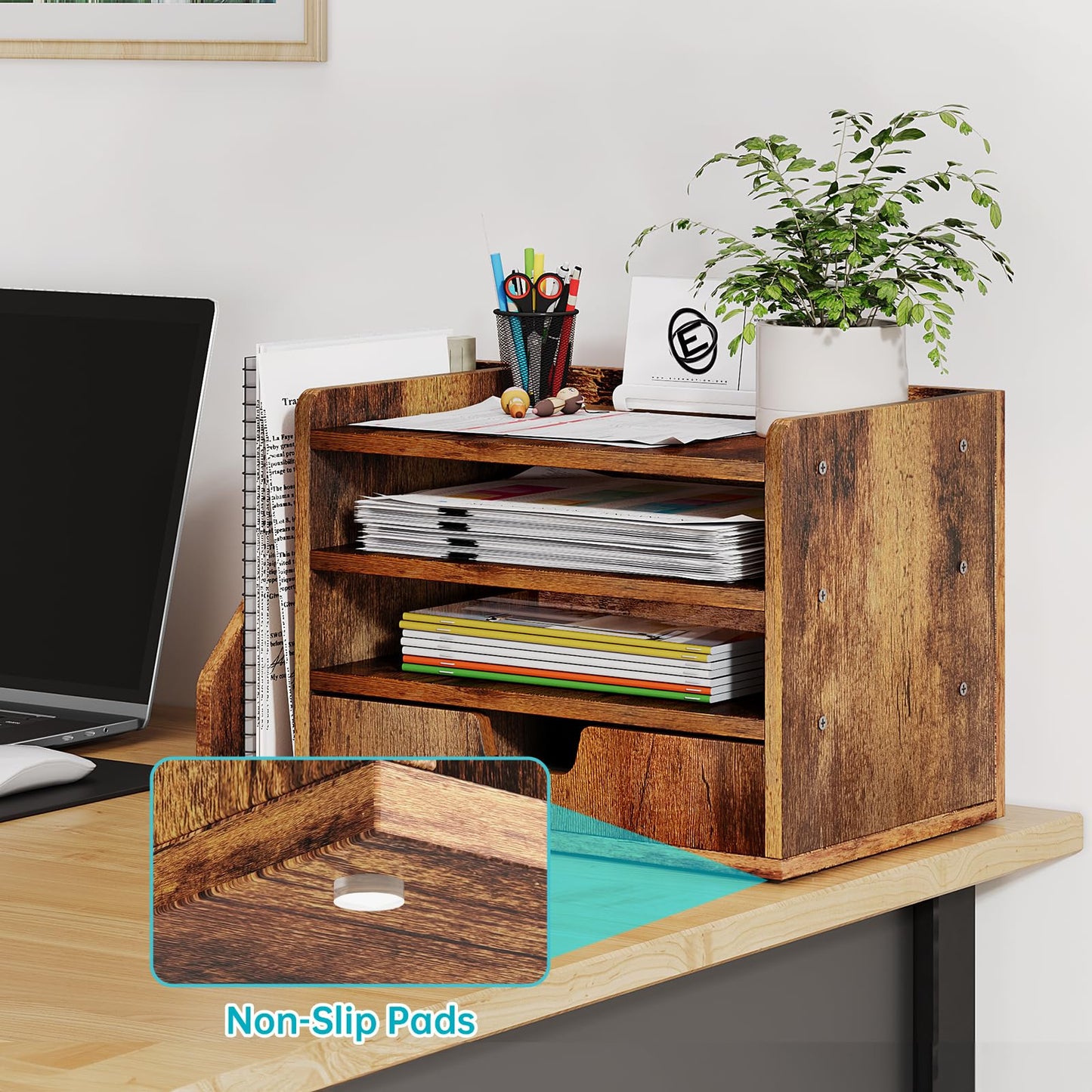 NiOffice Wood Desk File Organizer with Side File Rack, Space-Efficient Design Easy to Assemble for Efficient Office Setup, Reduces Desk Clutter (Brown)