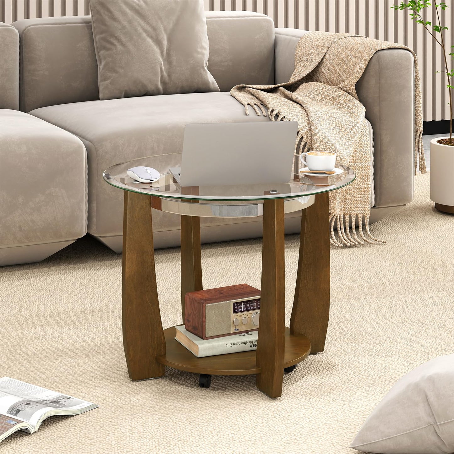 Giantex Round Glass Coffee Table, 32" Rolling Center Tables with Wheels, 2-Tier Cocktail Tea Table with Storage Shelf, Solid Rubber Wood Legs, Tempered Glass Top, Modern Living Room Tables (Walnut)