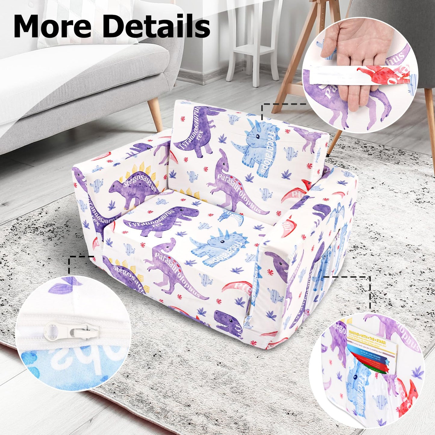 Beavtaens Kids Couch, 2-in-1 Kids Fold Out Couch, Convertible Sofa to Lounger for Girls and Boys, Soft Toddler Chairs Comfy 1-3 Years Old - White Dinosaur