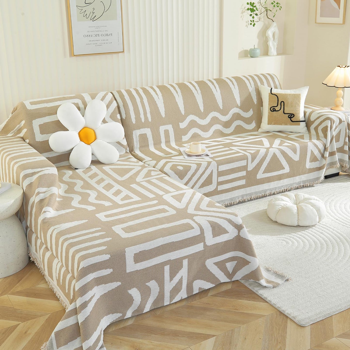 Royhom Sectional Couch Covers 2 Pieces, L Shaped Couch Cover Blanket, Boho Sofa Covers Washable, Sofa Slipcover with Tassel, Suitable for All Seasons (71"x110"+71"x118", Khaki)