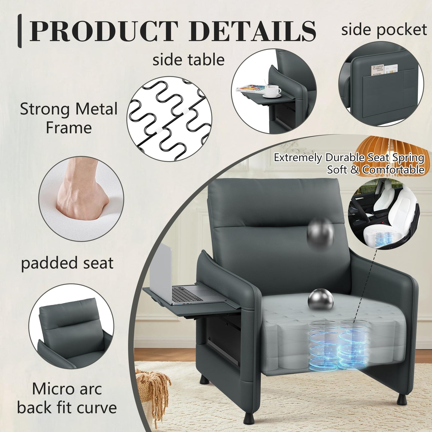 Alunaune Upholstered Living Room Chair Armchair, Mid Century Accent Chair, Reception Couch Slipper Club Lounge Chair Guest Comfy Single Sofa with Sidetable for Bedroom-Grey