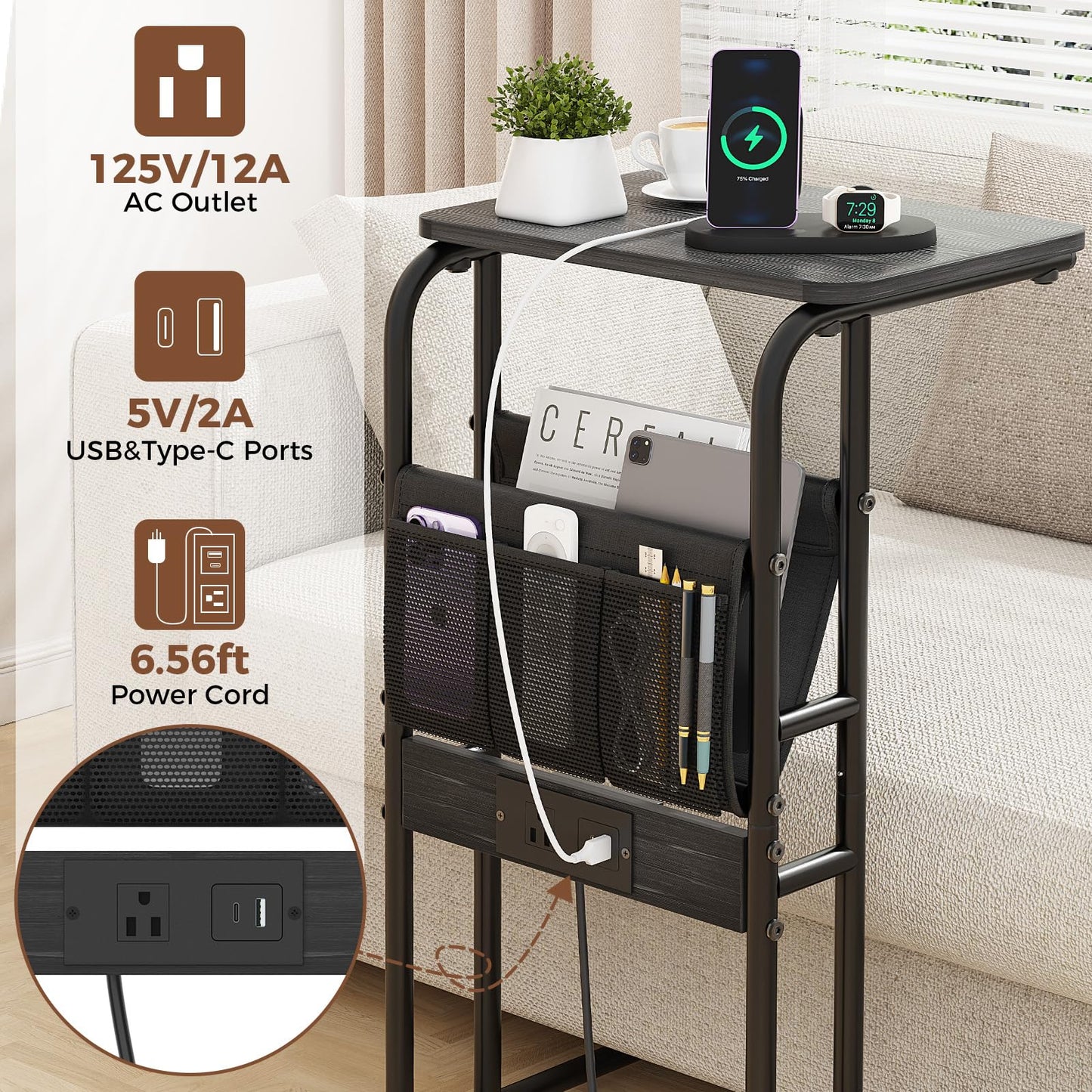Olldide C-Shaped End Table with Charging Station and Storage Bag, Slide Under Couch Sofa Side Table, Metal Frame for Living Room, Bedroom, Small Space (Black)