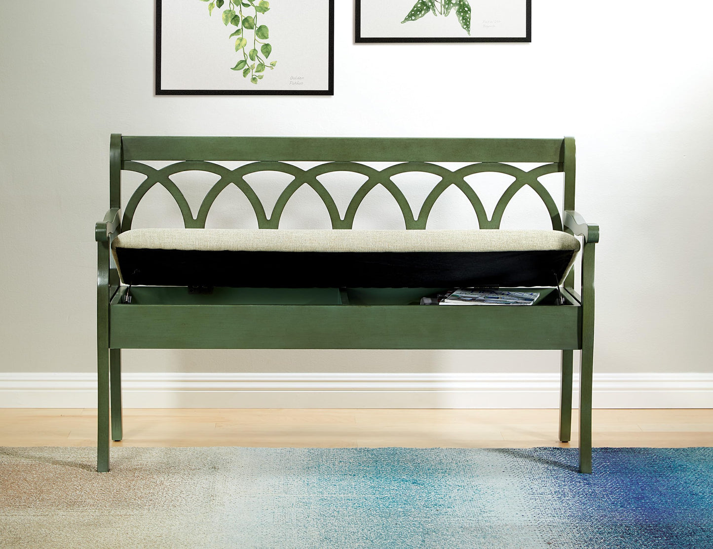 OSP Home Furnishings Coventry Solid Wood and Veneer Storage Bench, Antique Sage