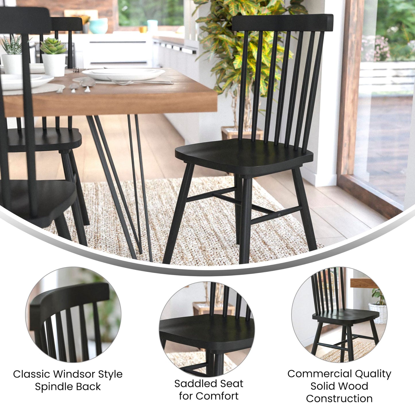 Flash Furniture Ingrid Commercial Windsor Solid Wood Dining Room Chairs, Modern Armless Dining Chairs for Kitchens and Restaurants, Set of 2, Black