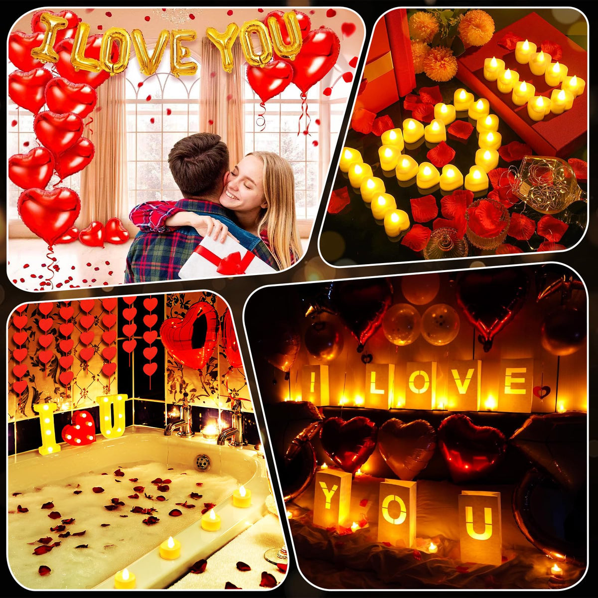 6000+PCS Rose Petals and Candles Set for Romantic Decorations Special Night - I Love You Letters Balloon and 8 Luminary Bags 6000 Rose Petals 48 Heart Candles for Anniversary Valentines Day Proposal