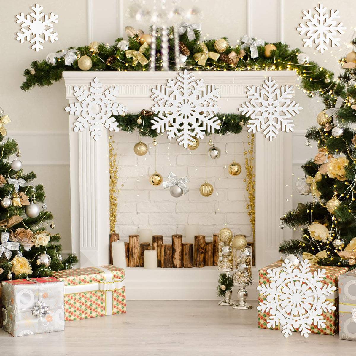 Wooden Large Snowflake Ornaments Sign Christmas Decorations 6 Pack, Wood Hollow White Snowflakes Crafts Winter Hanging Plaques Decorations 6 Size of Cutouts New Year Wall Bedroom Living Room Decor