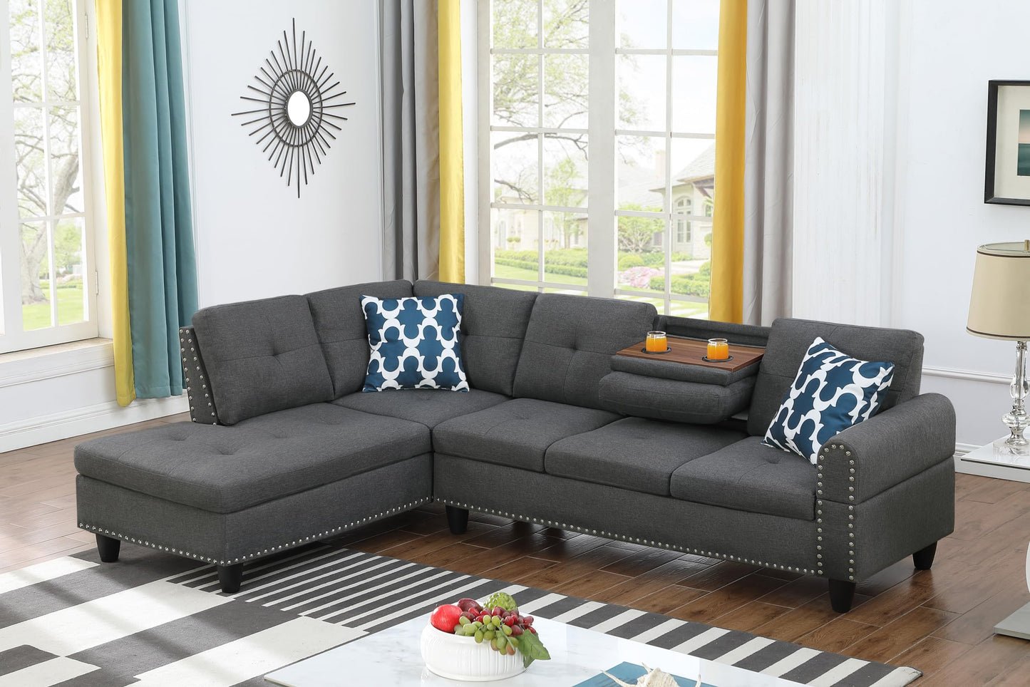 Ball & Cast 98" L Shaped Sectional Couch for Living Room with Chaise & Storage Ottoman,4 Seat Faux Leather Upholstered Modular Sectional Sofa Set 3 PCS W/Cup Holder&Nailhead Trim,for Home,Office,Black