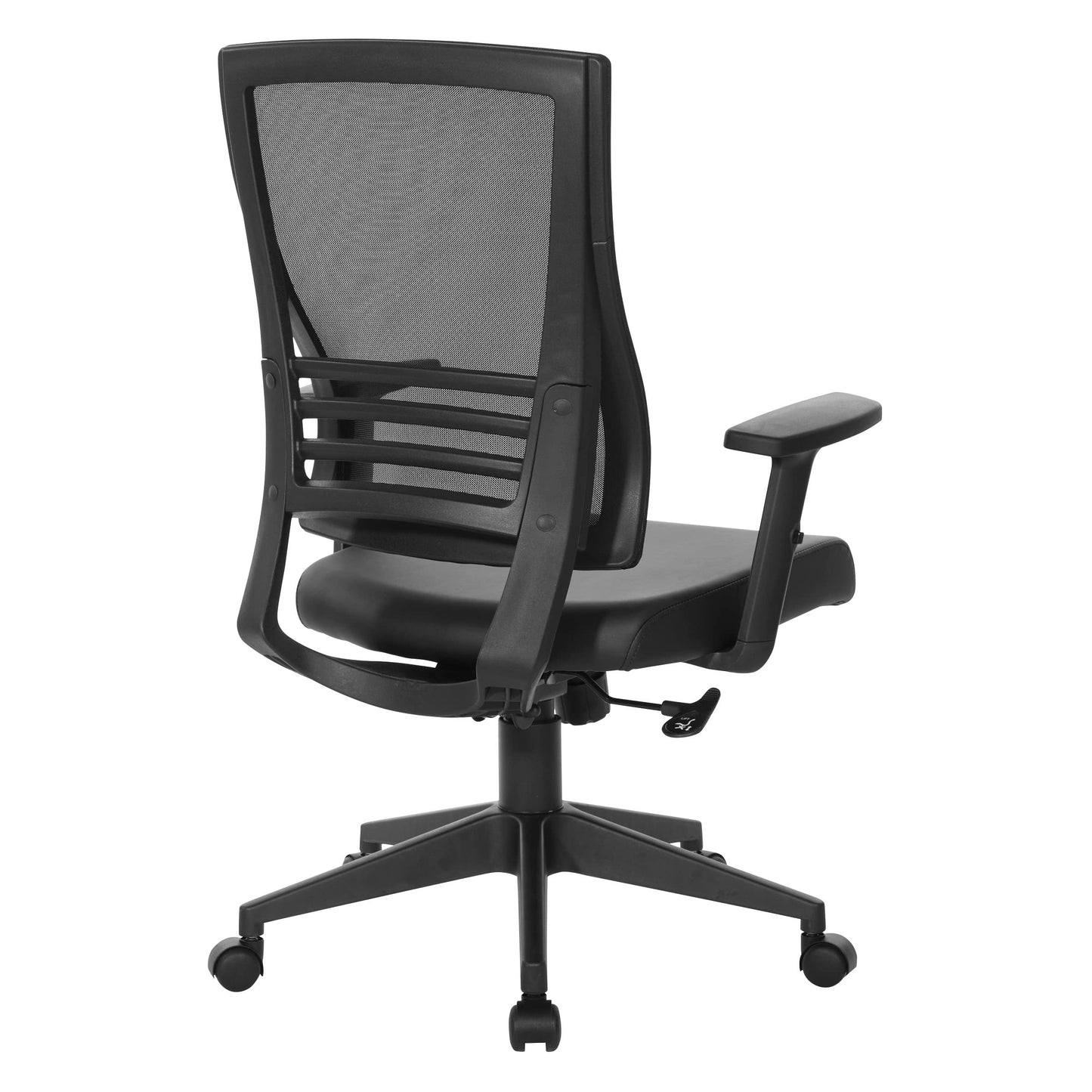 Office Star Mesh Back Office Chair with 2-to-1 Synchro Tilt Control and Adjustable Padded Arms, Black Faux Leather with Black Frame