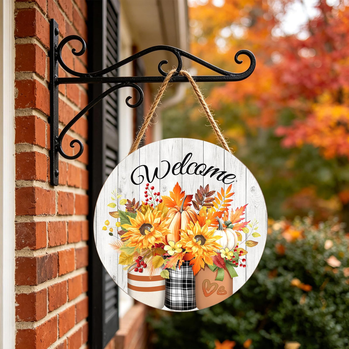 Harooni Fall Welcome Sign Door Sign 12"x12" Rustic Fall Decorations Hanging Door Sign Thanksgiving Farmhouse Welcome Round Wooden Sign for Home Front Door Wall Porch Yard Garden