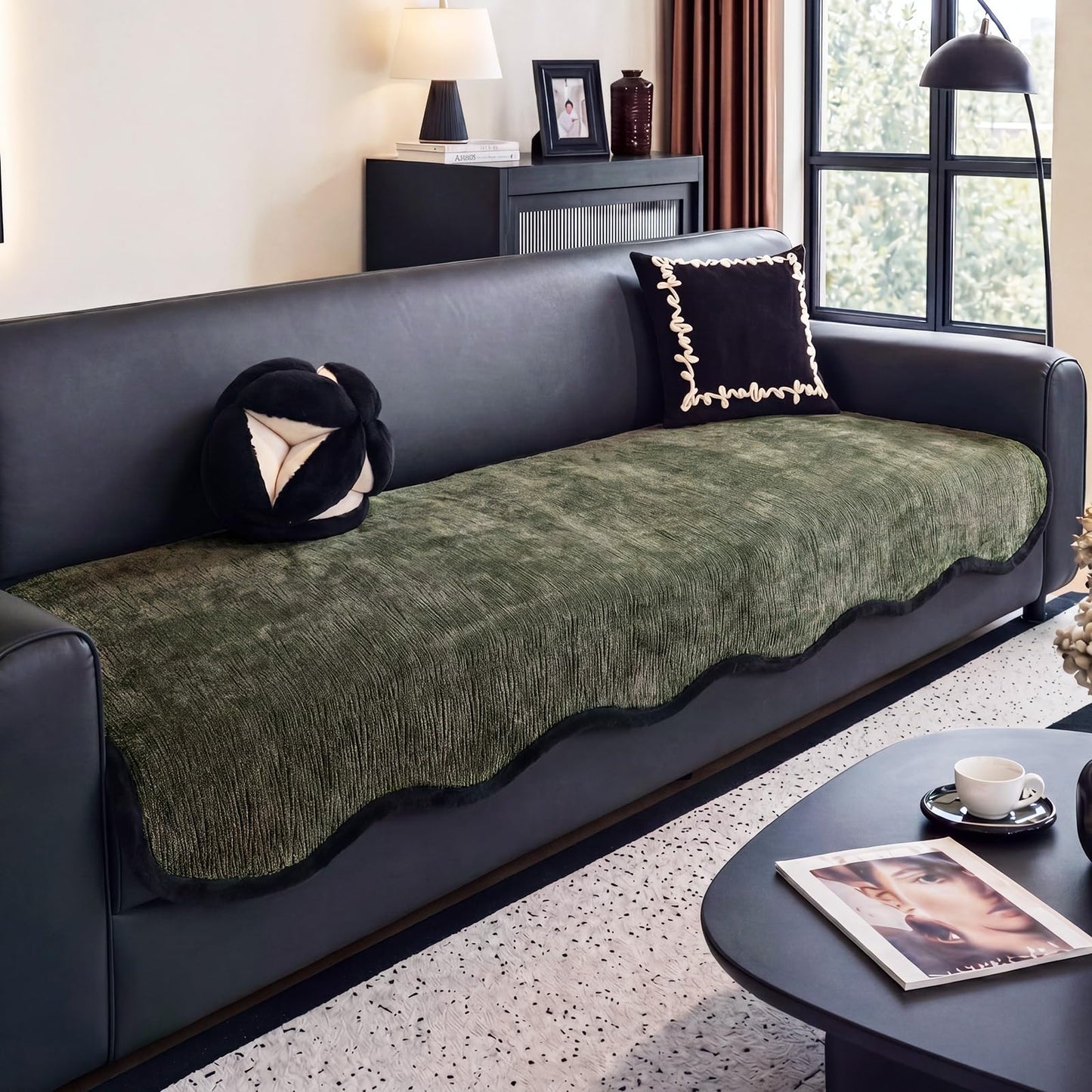 Breling Thick Chenille Sofa Cushion Pad 70×27.5 Inch Green Wave Edge Non-Slip Scratch-Resistant Pet Sofa Cover Machine Washable Furniture Protector for Living Room Couch