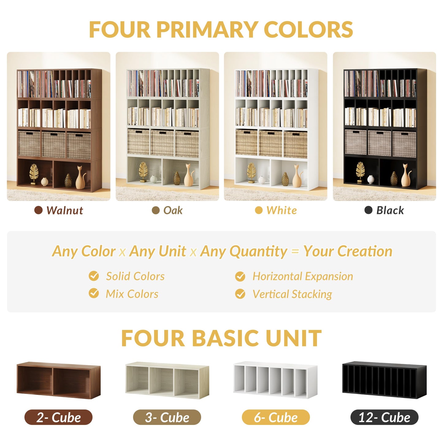 IOTXY DIY Modular Cube Bookcase - CubeXY Customizable Stackable Expandable Combination Set, 23-Cube Open Bookshelf for Books, Fabric Storage Bin, and 7/10-inch Vinyl Record Organizer, White
