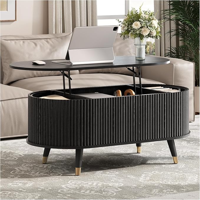 SULIVES Oval Coffee Table with Storage, Small Fluted Center Table