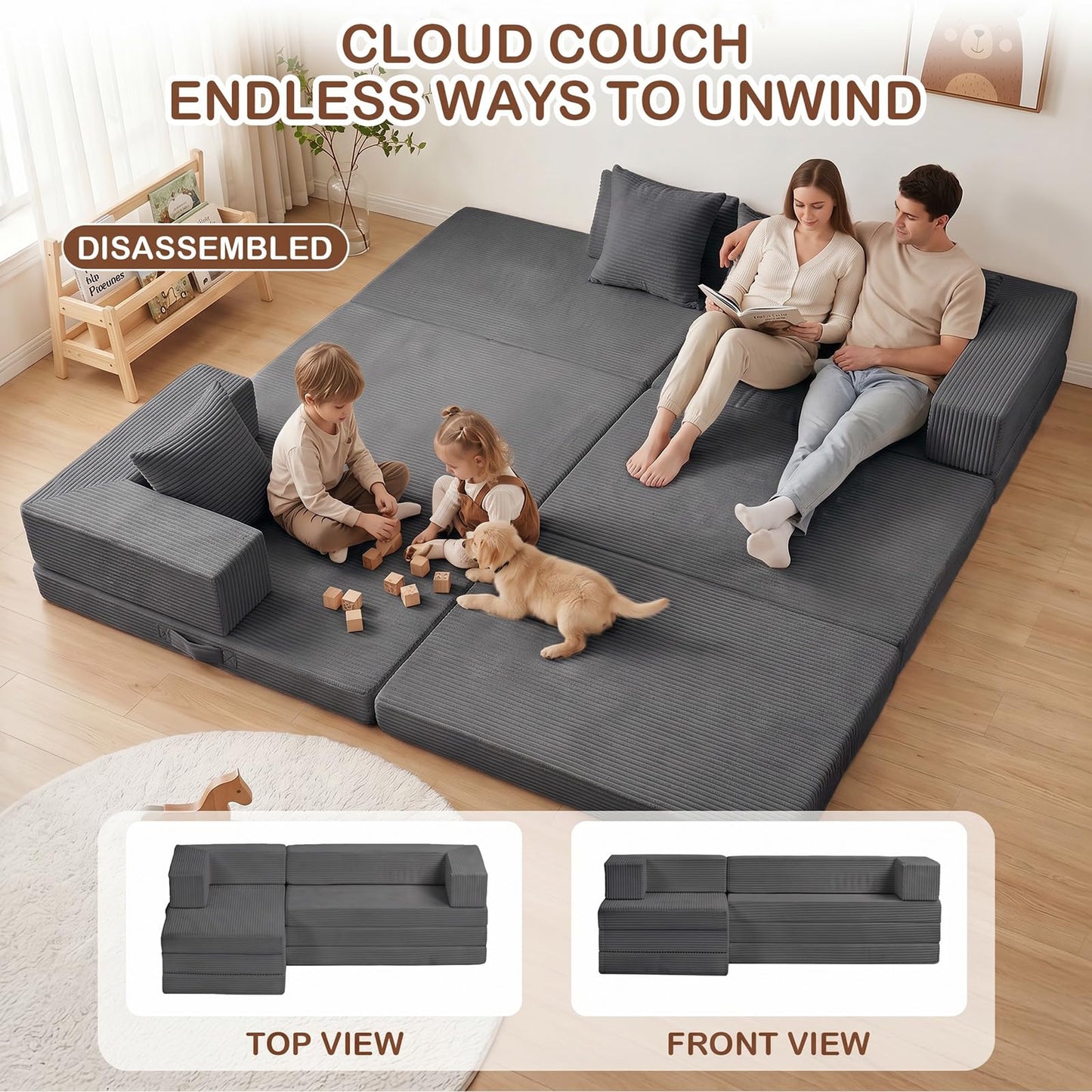 65'' L Shaped Couches for Living Room, Cloud Sectional Couch, Boneless Couch with Deep Seat Left Facing Chaise, Mini Modular Sectional 3 Seater Sofa for Apartment Furniture, No Assembly Needed, Grey