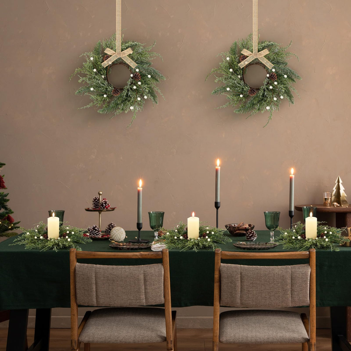 6 PCS Christmas Wreath Christmas Kitchen Cabinet Wreaths with Burlap Ribbon Mini Wreath Pine Garland Frosted Cedar Pine Cone Hanging Garlands Candle Rings for Front Door Window Chair Wall