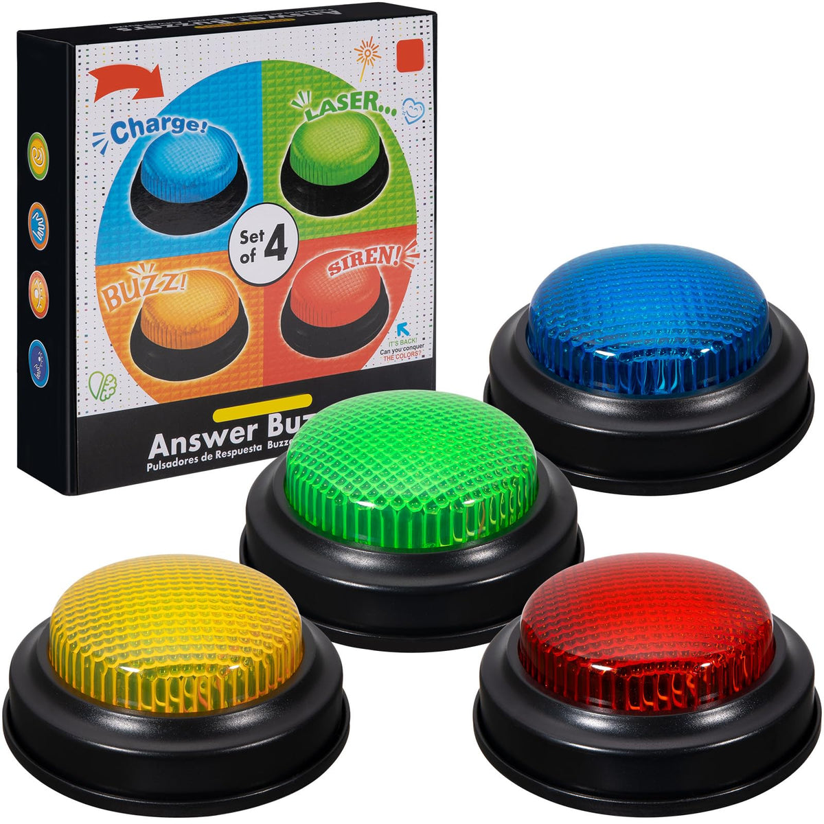 YTZRLO Set of 4 Trivia Game Buzzers with Lights & Sound, Family Feud & Jeopardy Quiz Buttons for Classroom, Party Games, Red/Blue/Yellow/Green