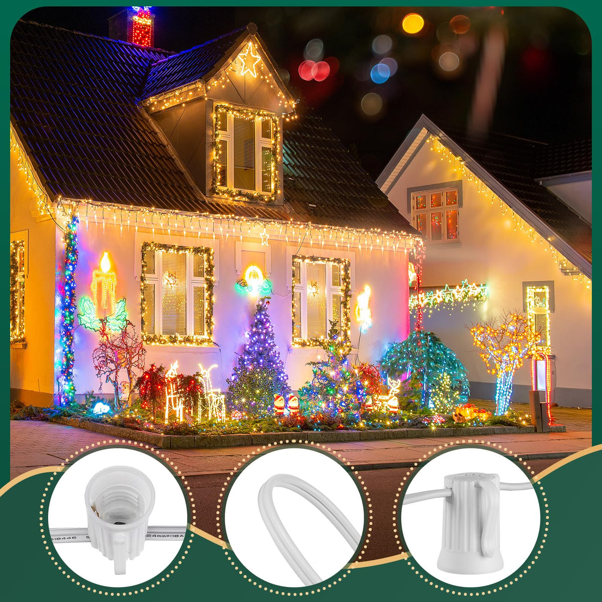 C9 Light Strand, 50 FT Outdoor String Lights Christmas Stringer with 50 Sockets for Christmas Decor Patio, E17 Light Socket, 12 Spacing, White Wire