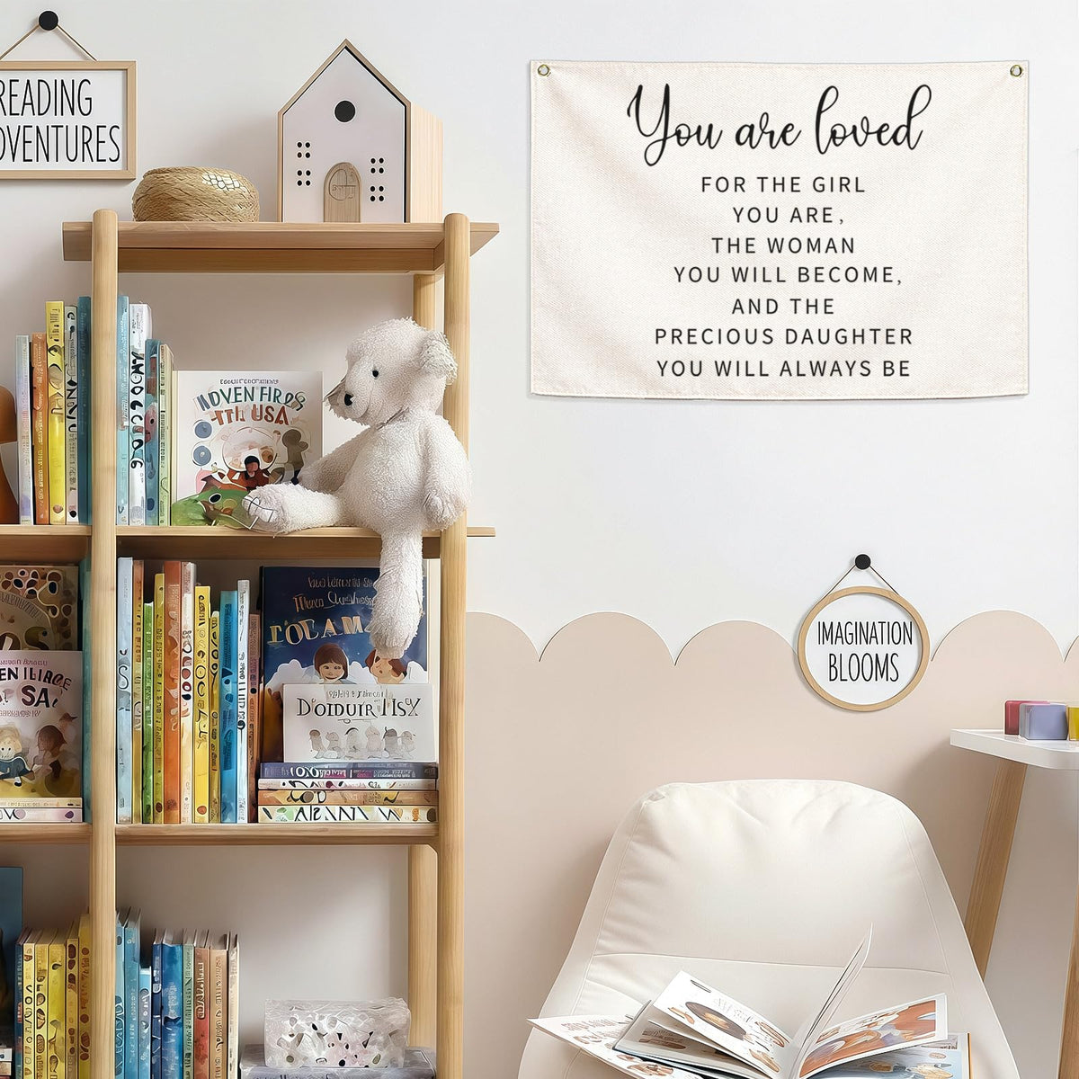 Canvas Banner Wall Decor Hanging Rectangular Poster Flag Sign,Nursery Playroom Bedroom Babyroom Decor,Baby Shower Christmas Gift for Kid Girl-You are Loved for The Girl You Are-28.5"Lx 20"W