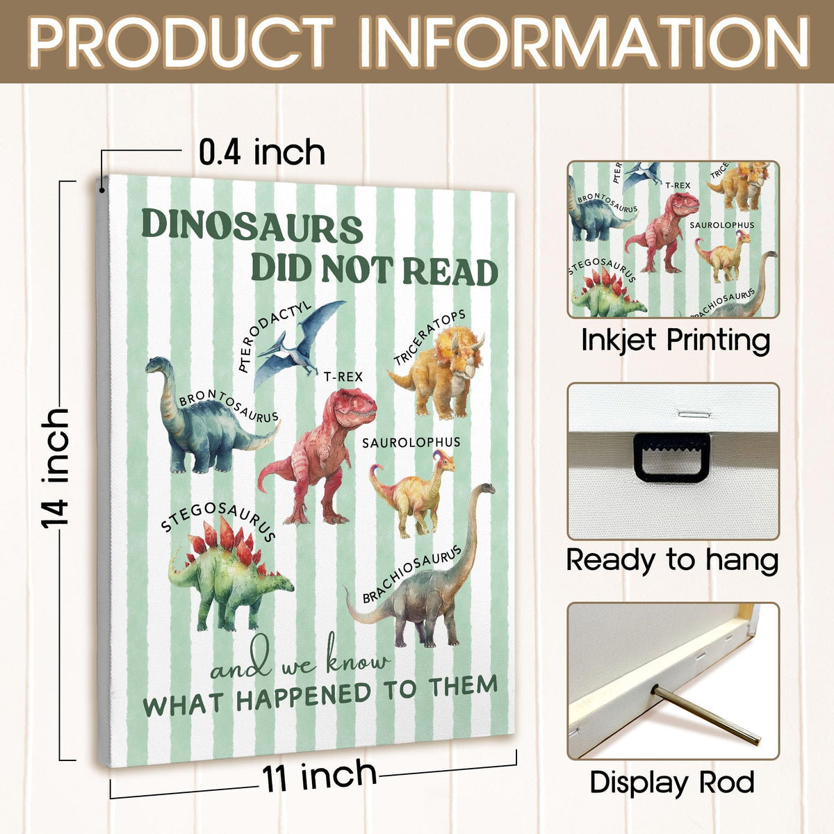 XINCEYWJ Dinosaur Room Wall Decor, Dinosaur Reading Canvas Art Prints Framed, Toddler Boy Room Decor, Dino Artwork Green Dinosaurs Wall Art for Kids Toddler Boy Room Nursery Room, 11x14 In